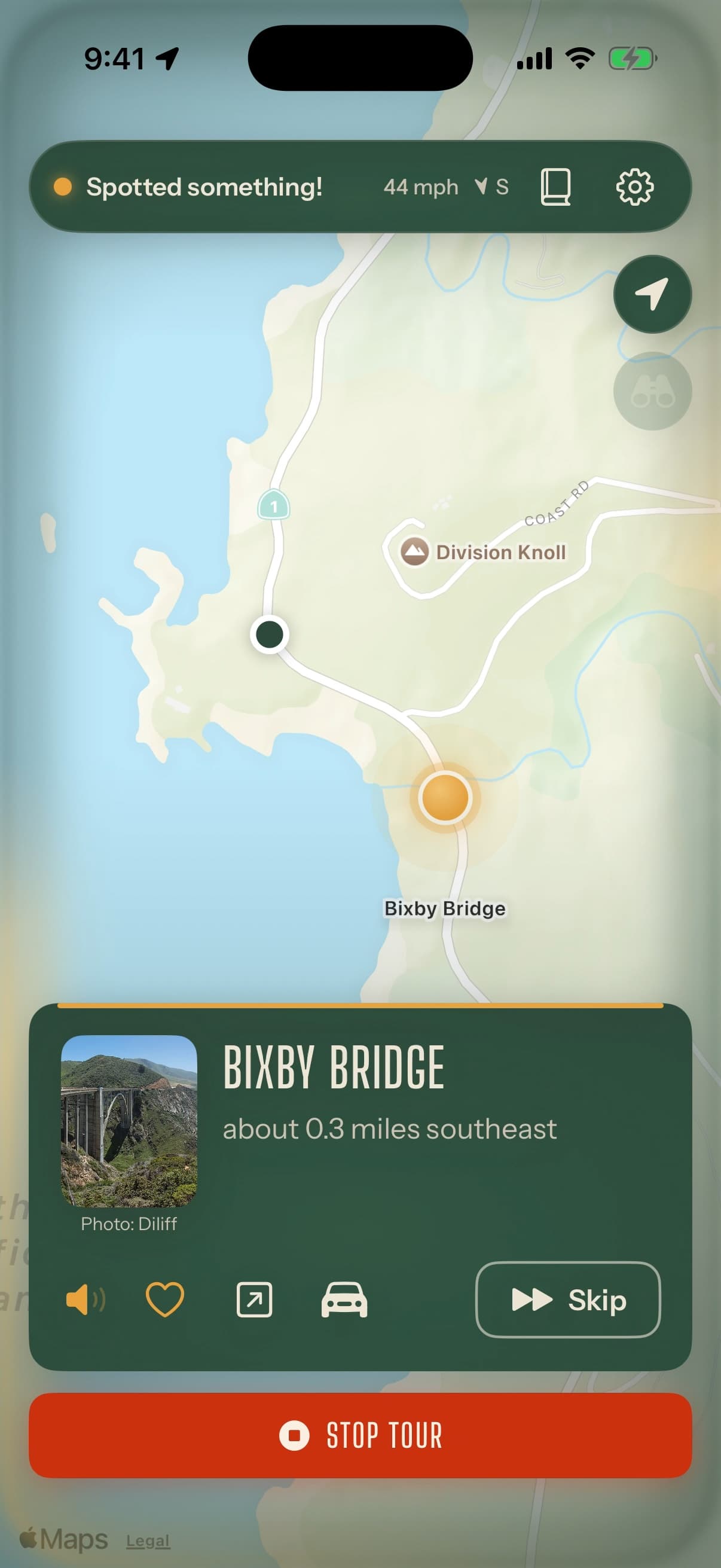 Whistlestop narrating Bixby Bridge: the stop card over a map, with the guide speaking