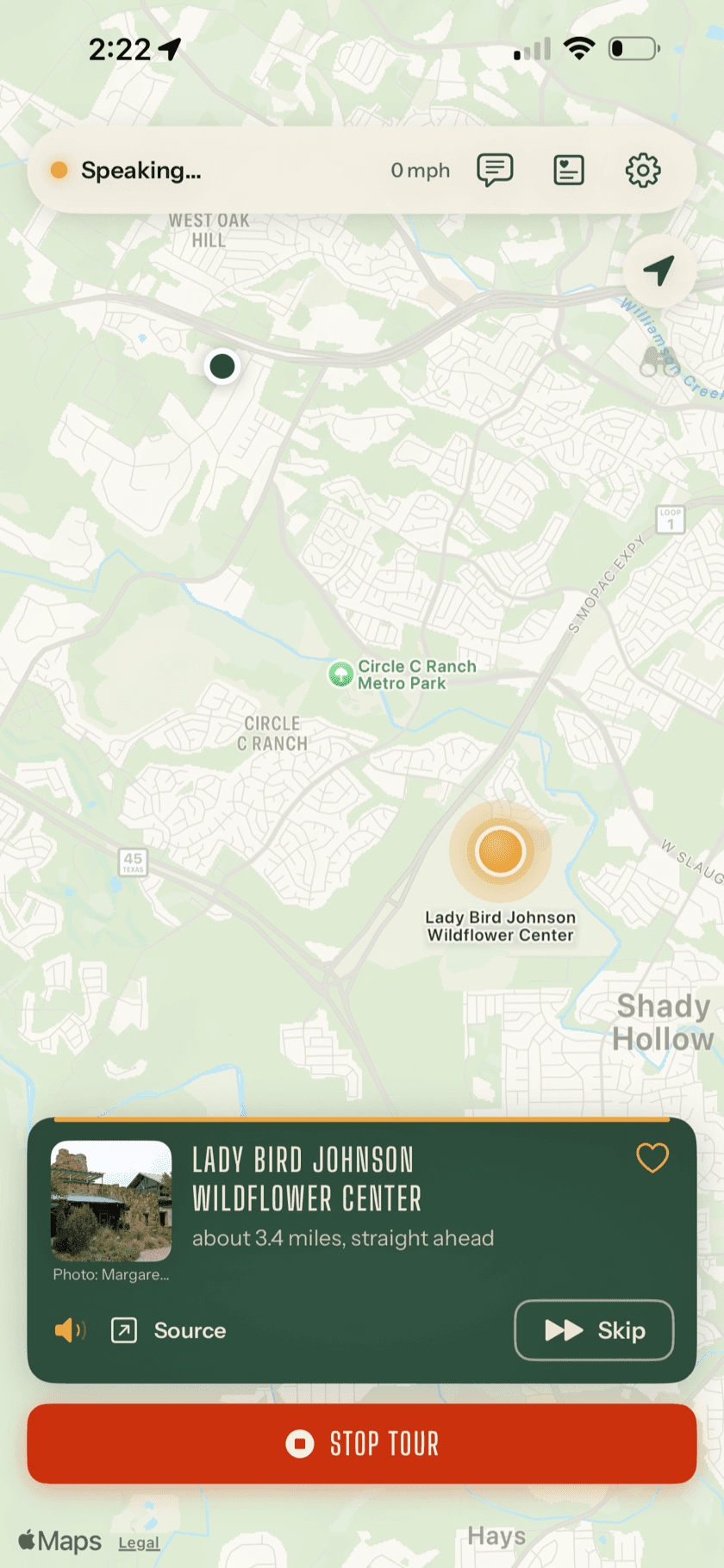 A live Whistlestop tour announcing the Lady Bird Johnson Wildflower Center, 3.4 miles ahead