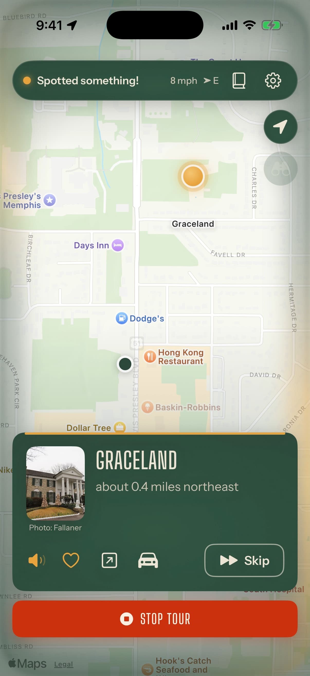 Whistlestop narrating Graceland: the stop card over a map, with the guide speaking