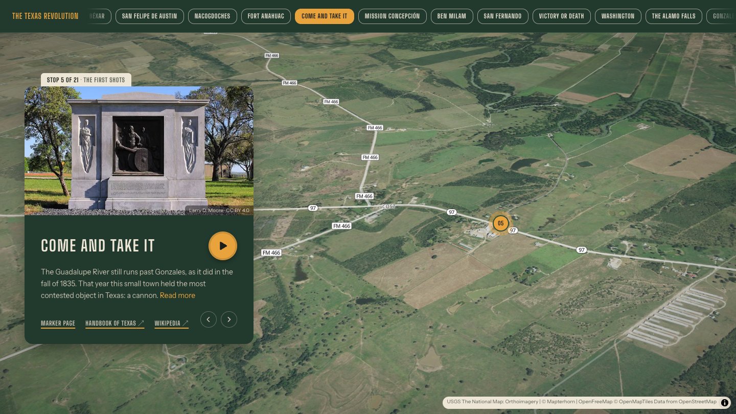 Stop 5 of 21, Come and Take It. The card shows a photo of the monument at the site of the first shot and a play button. The map shows the farmland outside Gonzales where the war began.
