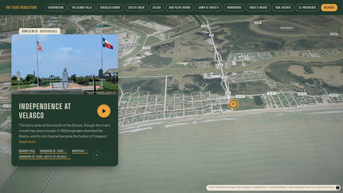 Stop 21 of 21, Independence at Velasco. The pin is on the coast at Surfside Beach, where the old port of Velasco stood. The card shows a photo of the Fort Velasco memorial and its two flags.